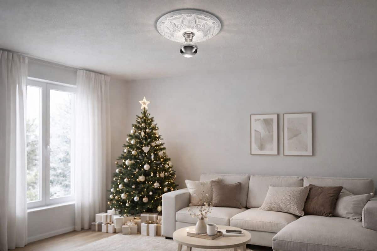 Lampada a sospensione in salotto chiaro arredato Per Natale