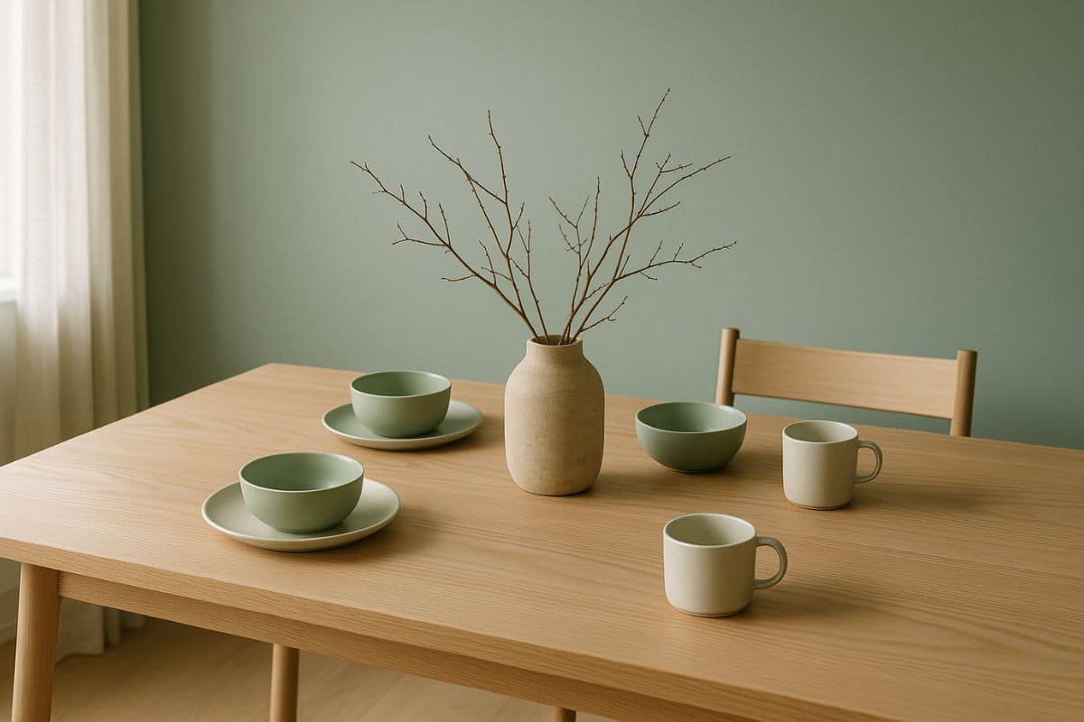 Cucina luminosa con tavolo in legno, pareti color salvia