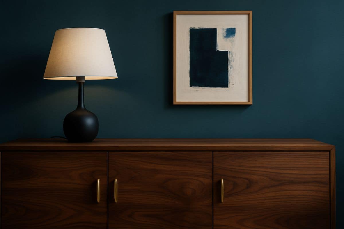 Salotto con credenza in legno e pareti blu