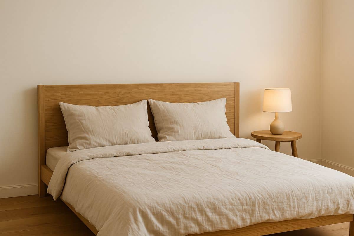 Camera da letto con pareti bianco crema e letto in legno naturale