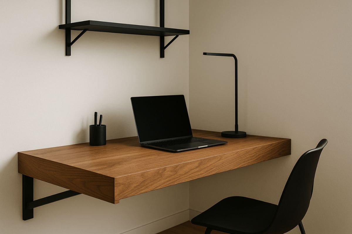 Scrivania in legno naturale e sedia, lampada, mensola nero opaco