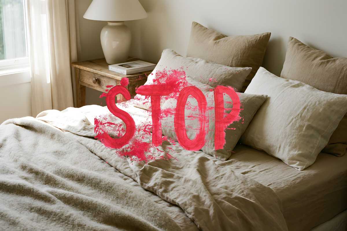 un letto tradizionale ed in primo piano una scritta rossa "Stop"