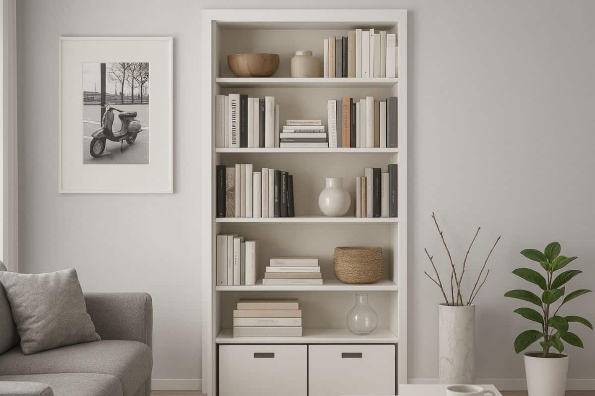 Libreria in salotto con cornice al muro