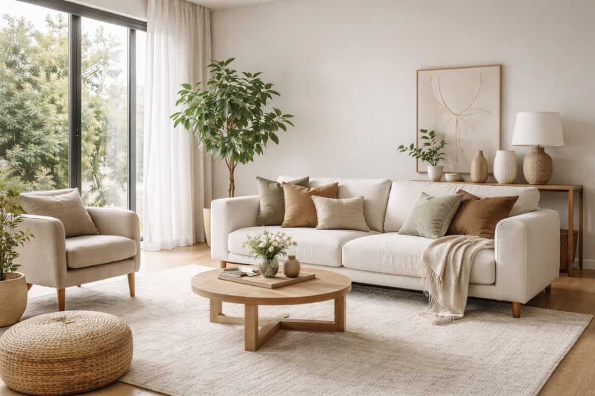 Salotto luminoso con divano chiaro, poltrona, piante e grande tappeto