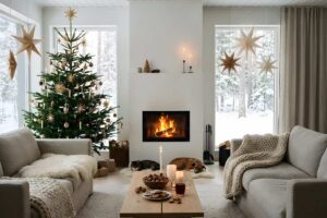 Salotto natalizio con divani, Albero di Natale, tavola in legno e animali