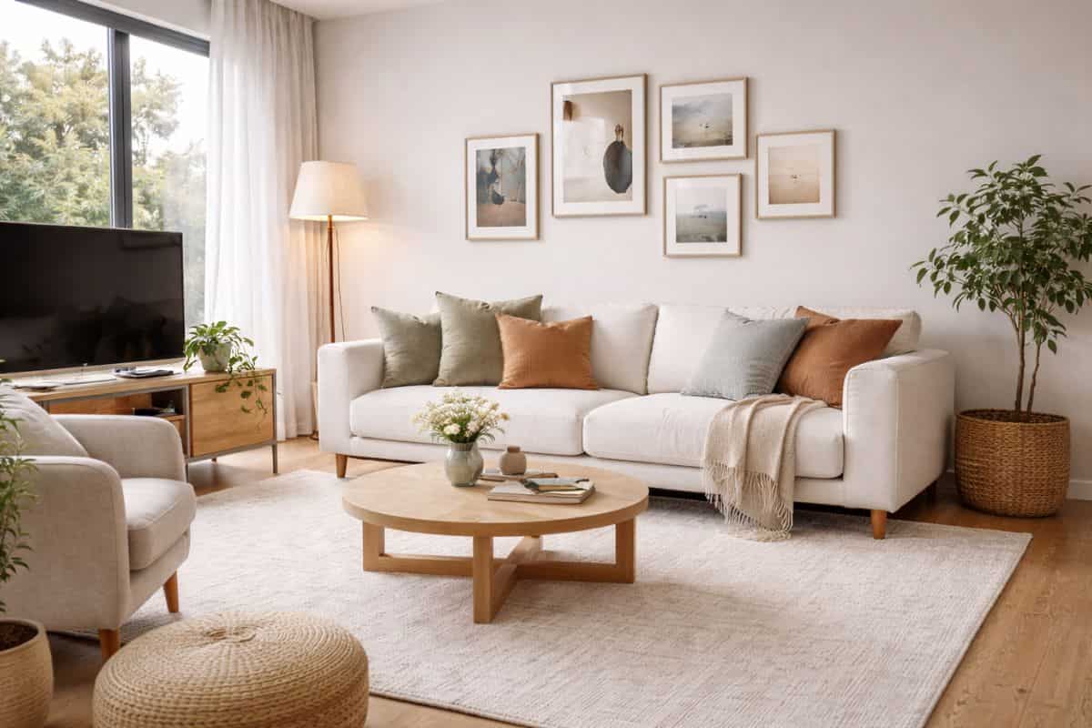 Salotto luminoso con grande divano chiaro, tavolo in legno e mobile tv