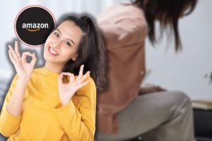 donna con mal di schiena, logo amazon in icona rossa e donna che fa ok con le mani