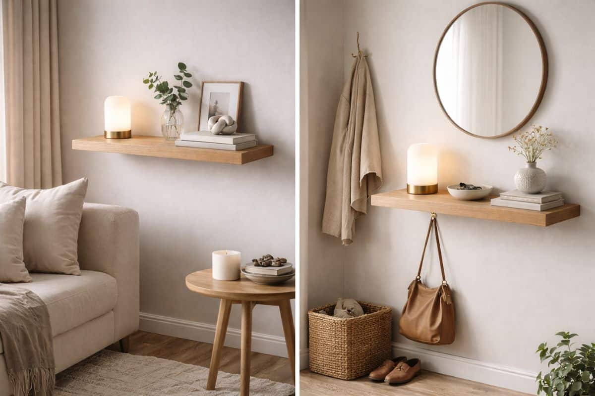 2 mensole sospese in salotto e in ingresso, ambienti chiari e luminosi