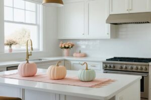 Cucina bianca e luminosa con isola in primo piano