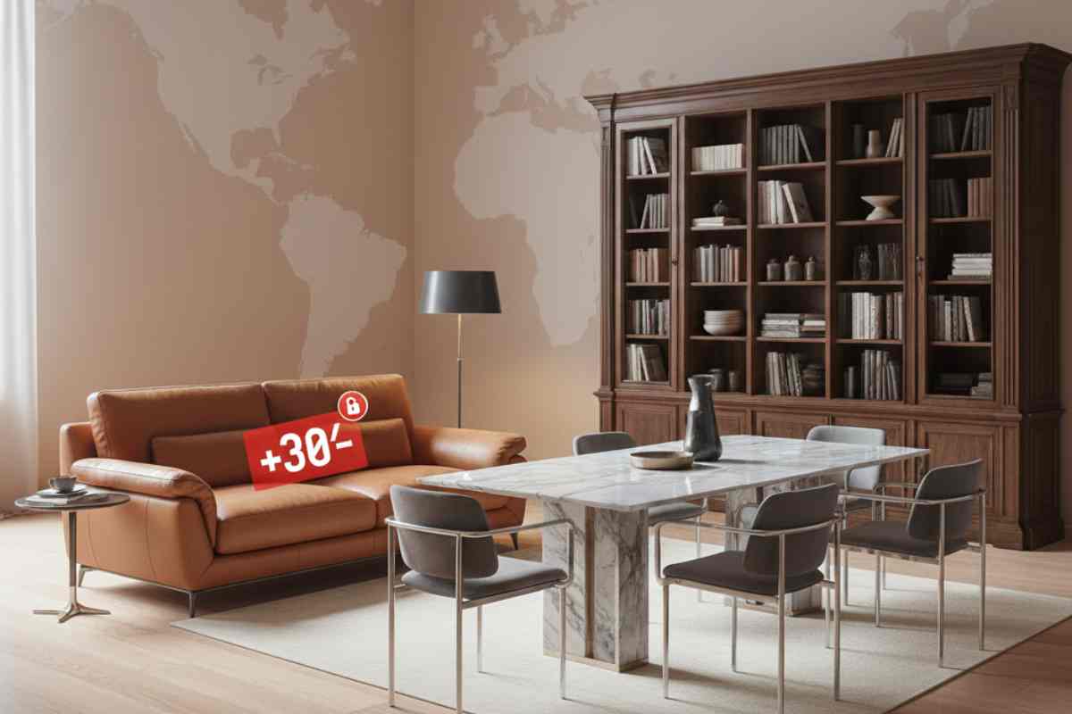 salotto stile italiano con divano in pelle, libreria di legno e tavolo in marmo