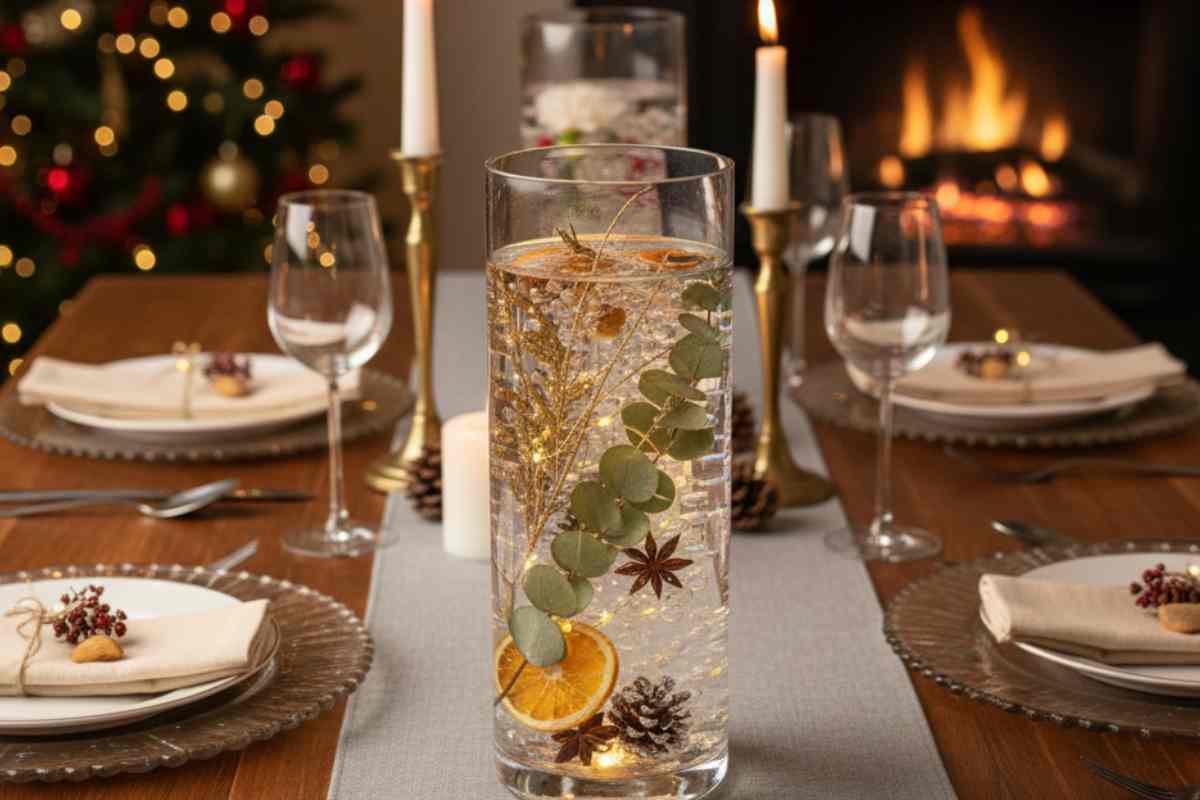 vaso trasparente con dentro stella alpina, arancia e foglie