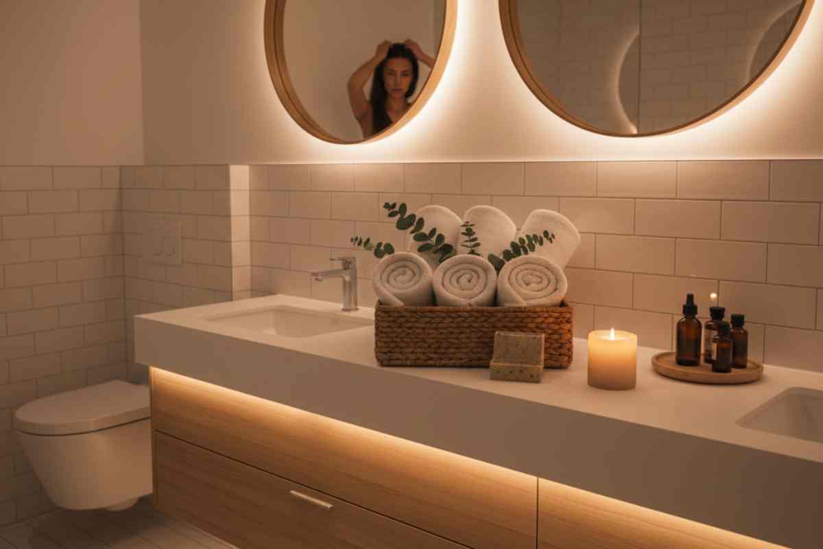 bafno chiaro con luce soffusa e dettagli da hotel di lusso con una persona che si guarda allo specchio