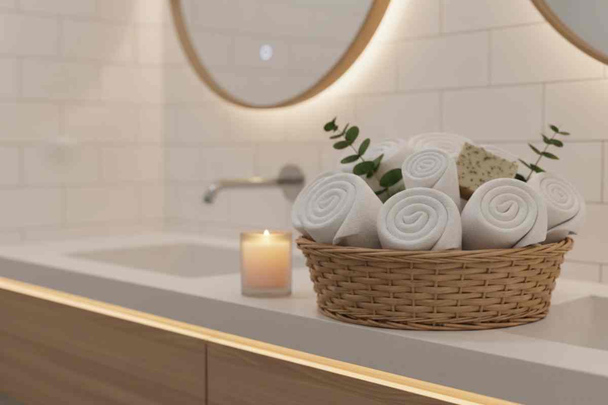 set asciugamani bianchi sul lavandino di un bagno chiaro stile nordico