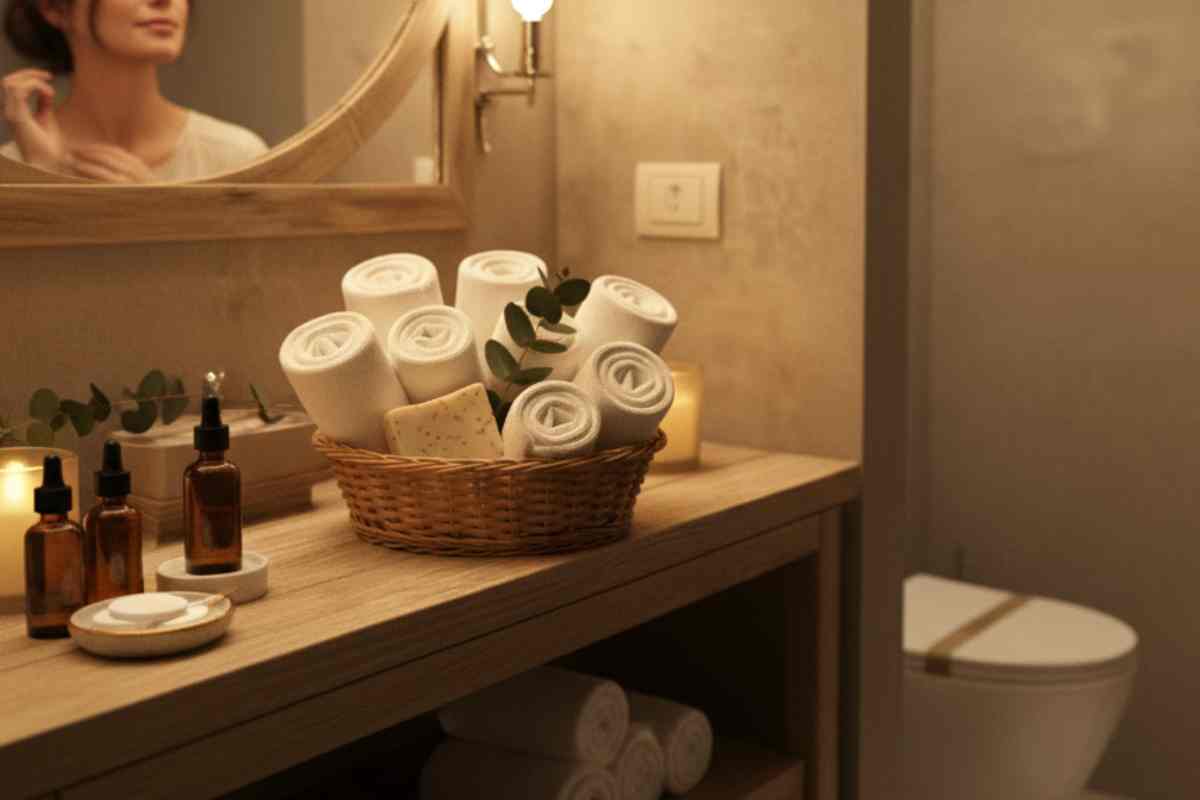 bagno con asciugamani personali, oli essenziali e atmosfera da hotel