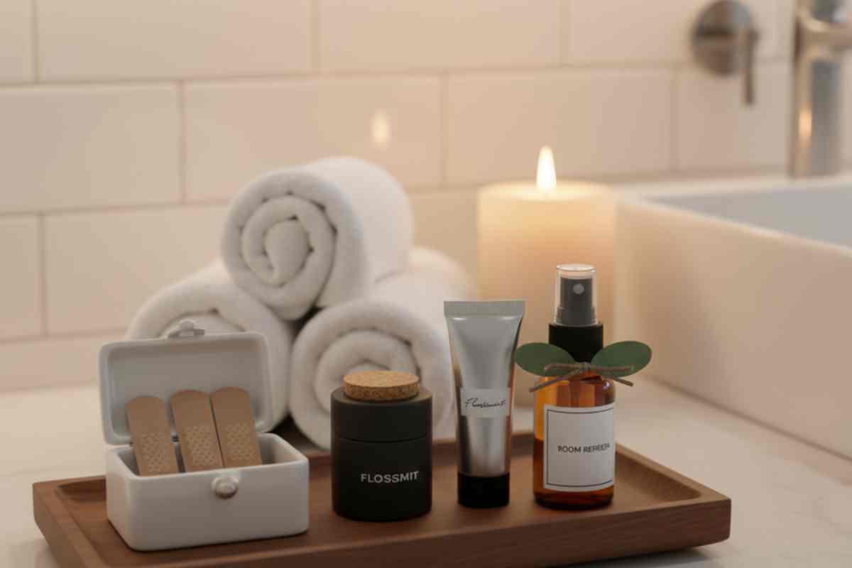 kit bagno con crema mani, spray, asciugamano, candela