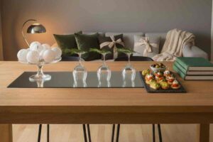 tavolo con specchio appoggiato, bicchieri di cristallo, alzatina, vassoio antipasti, libri e palleine di Natale