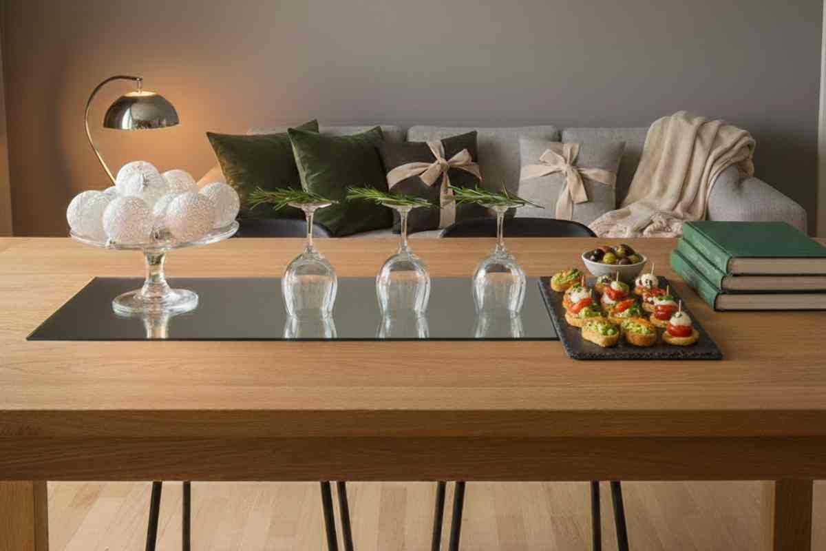 tavolo con specchio appoggiato, bicchieri di cristallo, alzatina, vassoio antipasti, libri e palleine di Natale