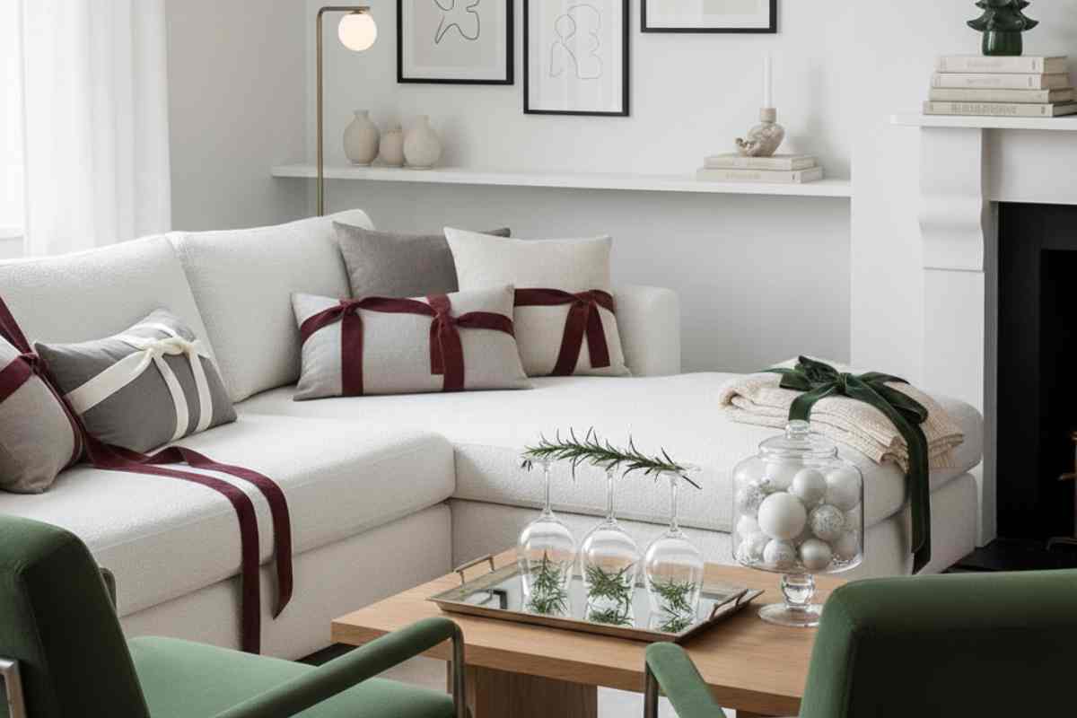 salotto bianco e verde con cuscini avvolti in nastro di velluto e qualche decorazione natalizia