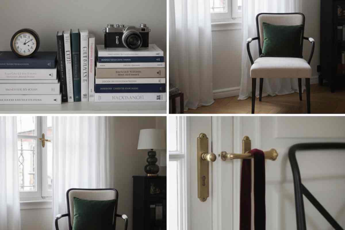 quattro immagini di un arredamento minimal per natale con nastri e velluto e accoppiamenti cromatici