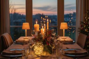 tavola apparecchiata in modo elegante con luce soffusa, candele e lampade led