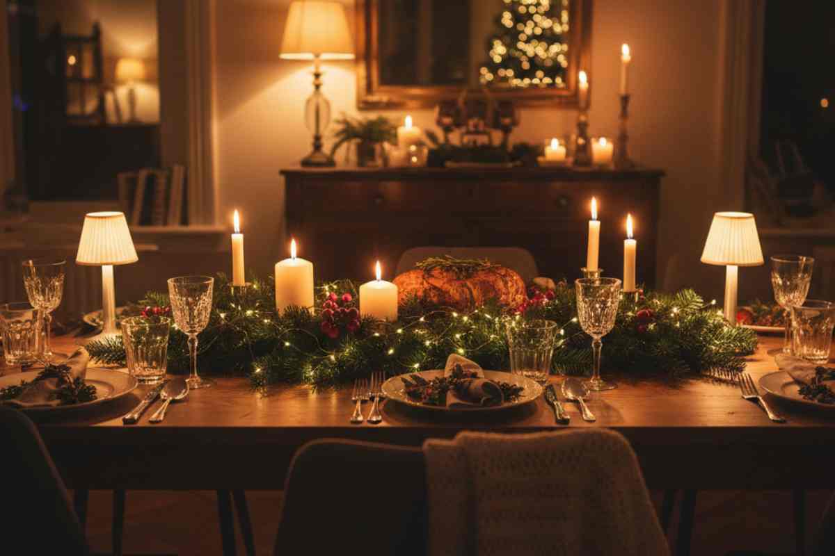 luce calda e soffusa su una tavola apparecchiata per Natale