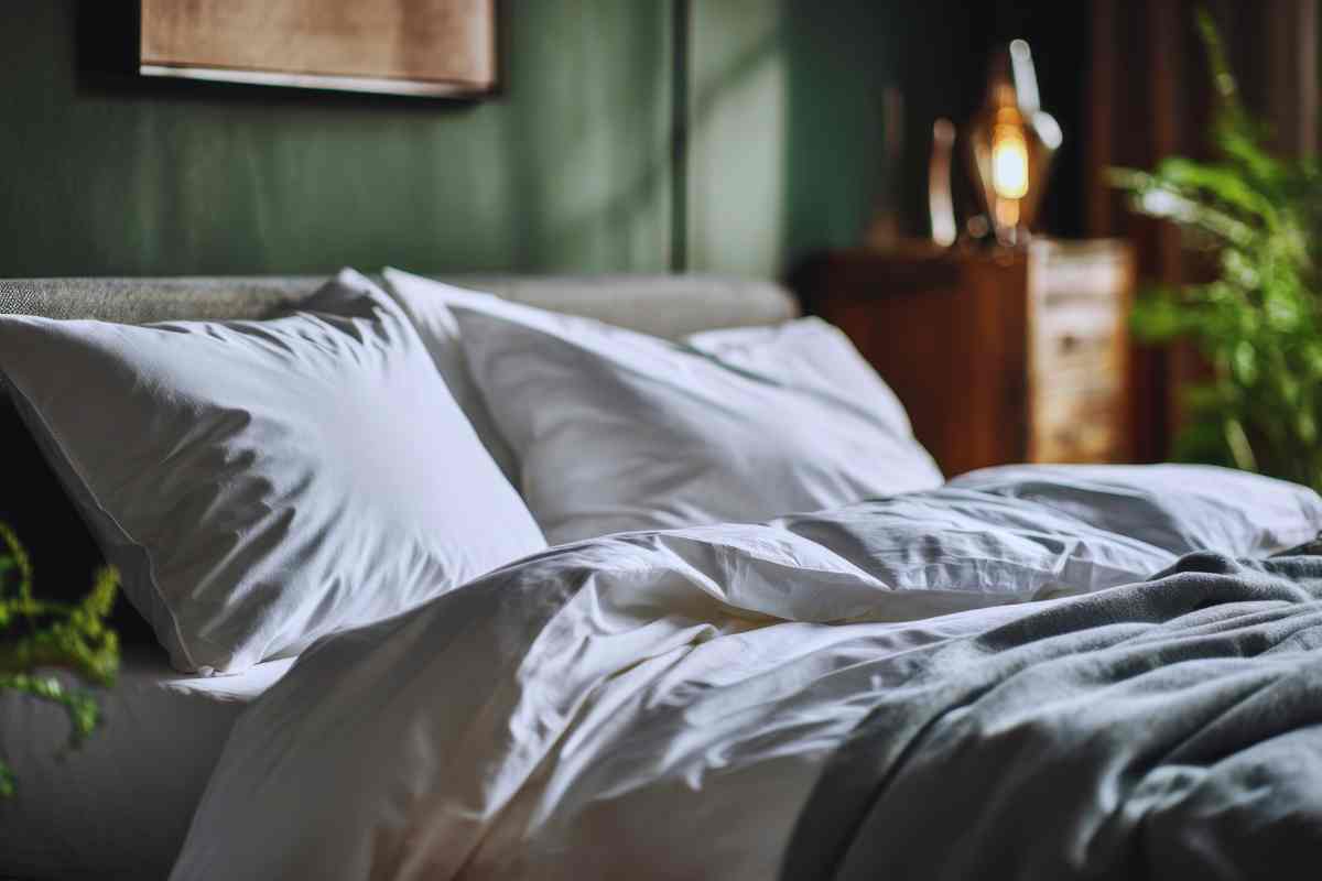 letto matrimoniale con federe chiare e copripiumino in una stanza dalle pareti verde salvia