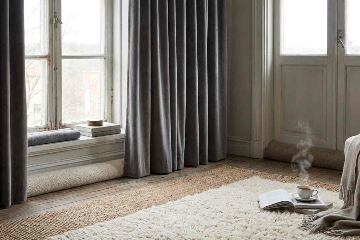 stanza con finastra con tenda scura e tappeto chiaro