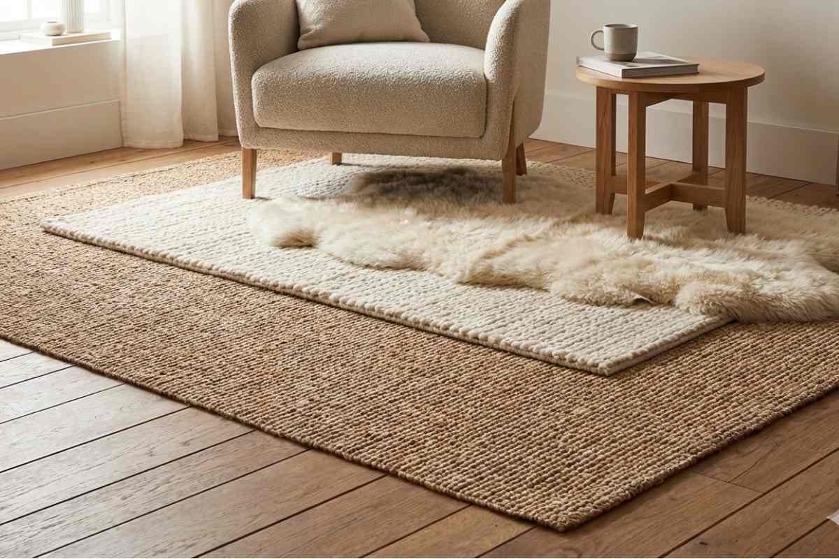 stanza chiara con più tappeti uno sopra l'altro , una poltrona e un tavolo di legno