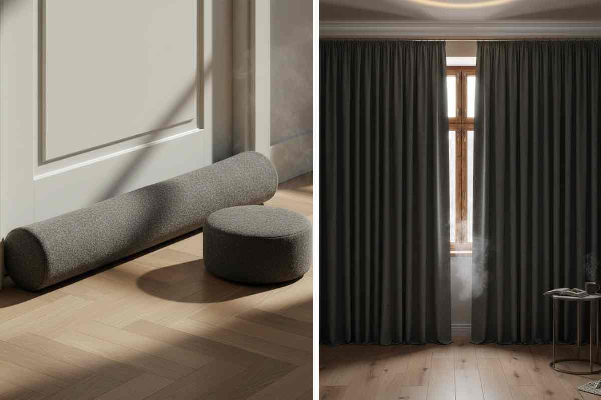 due immagini, una con un paraspifferi e l'altra con tende oscuranti