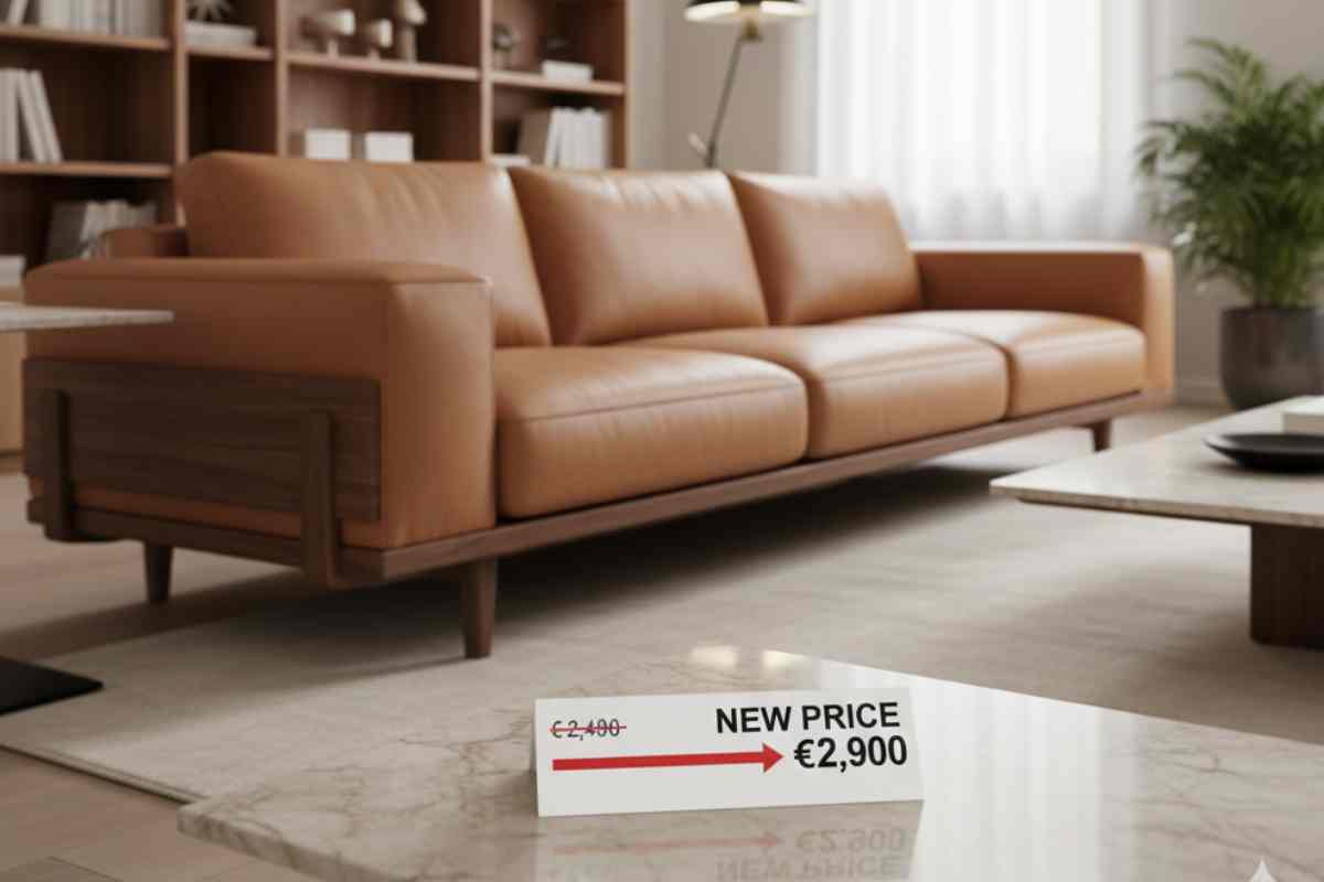 divano di pelle in un salotto chiaro con scritta sull'aumento del prezzo