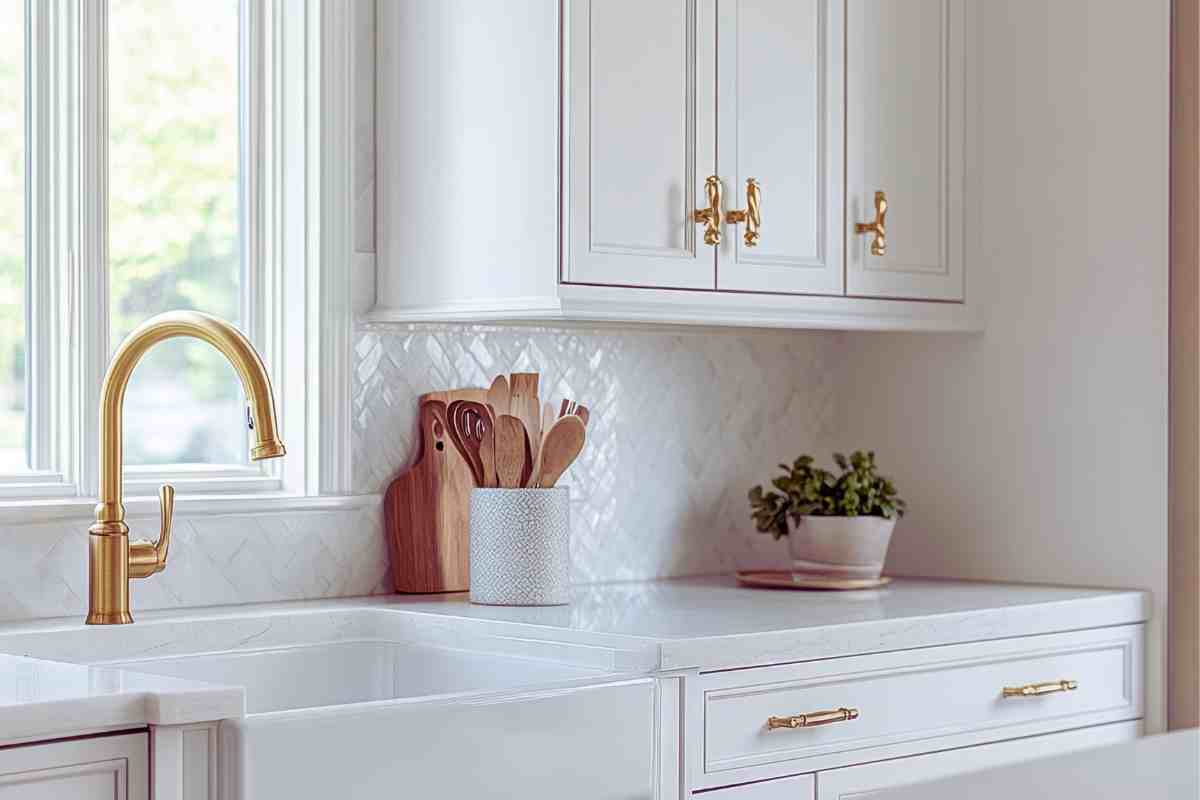 cucina bianca con particolari oro