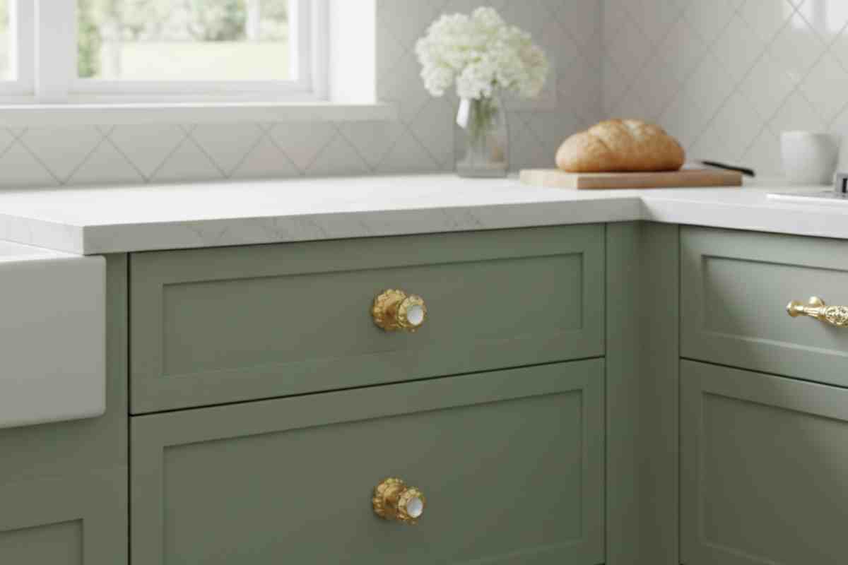 cucina salvia e marmo con pomello gioiello