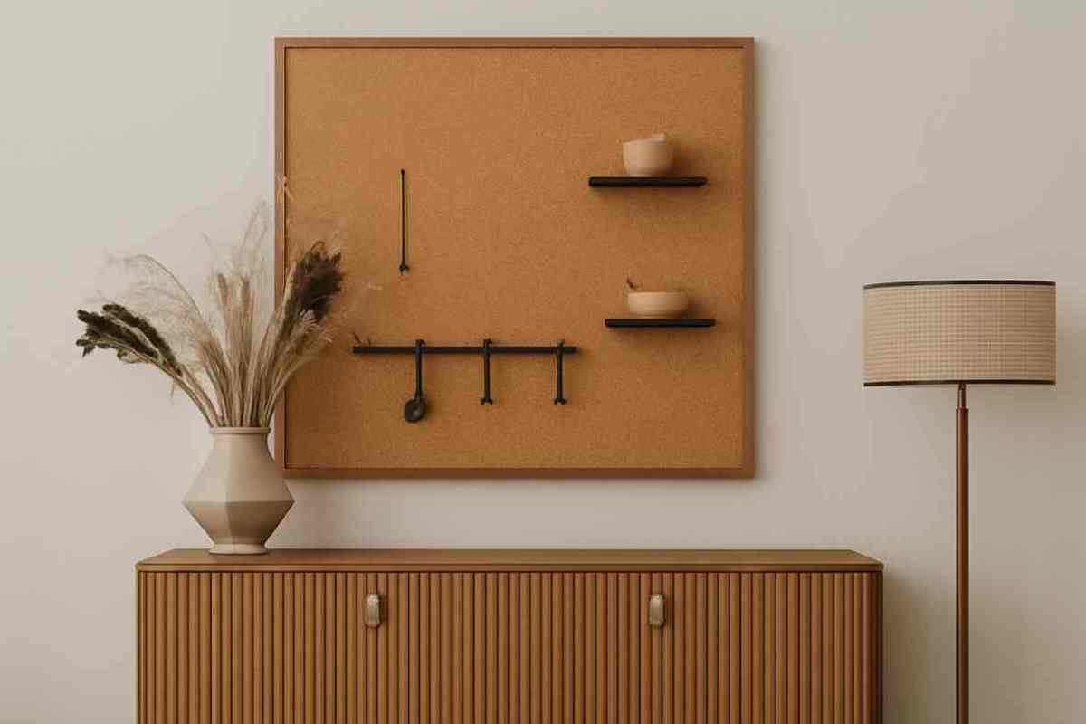 mobile ingresso di casa legno cannettato con vaso e lampada e lavagna di sughero