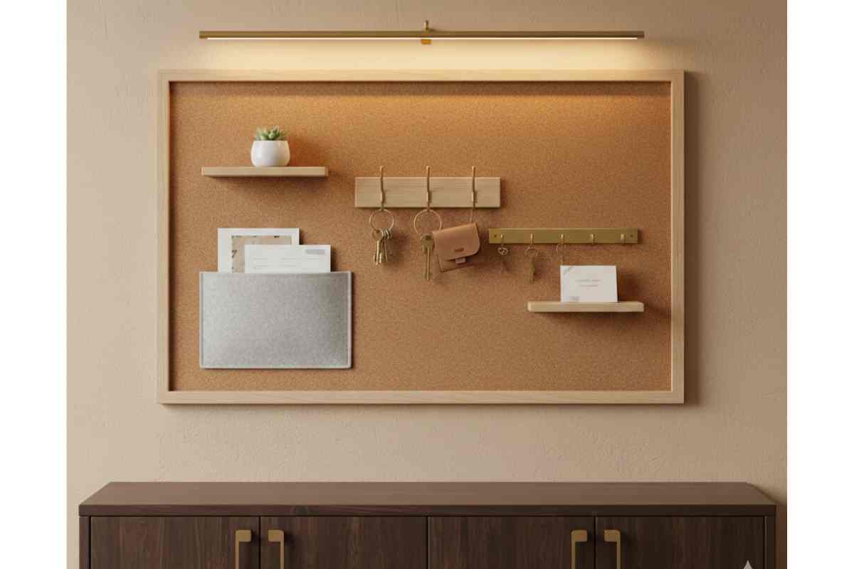 lavagna di sughero con illuminazione calda con mobile legno scuro