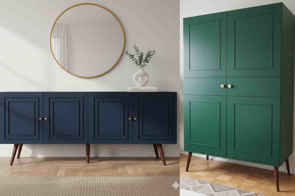 due esempi di mobili ,uno basso colore blu ed uno alto colore verde on listelli applicati come decorazioni