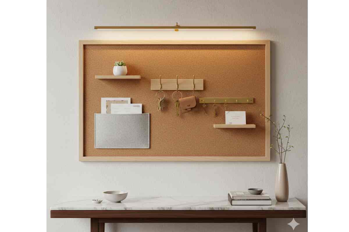 lavagna di sughero con luce calda con mobile di legno e marmo