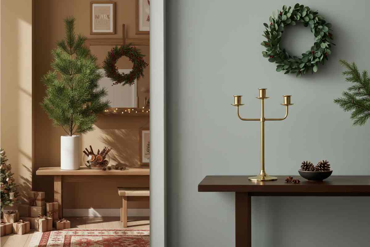 tavolo chiaro con ramo di pino in un vaso e tavolo scuro con un candelabro color oro