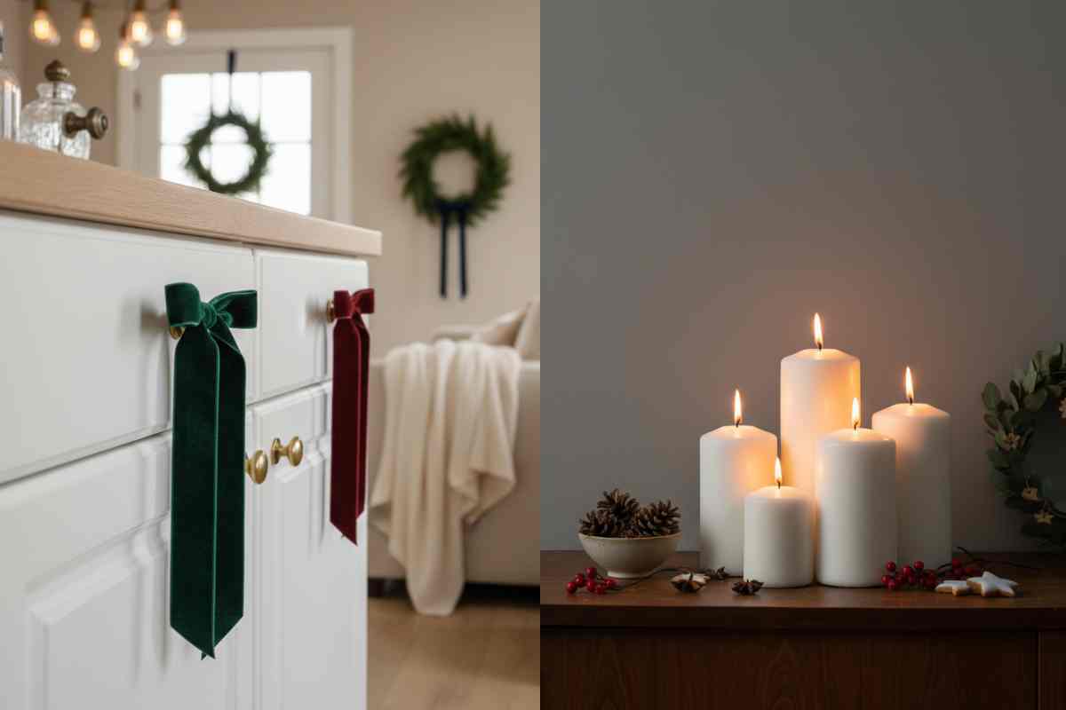 pomelli di una cucina abbelliti con nastri di velluto e mobile decorato. con candele bianche