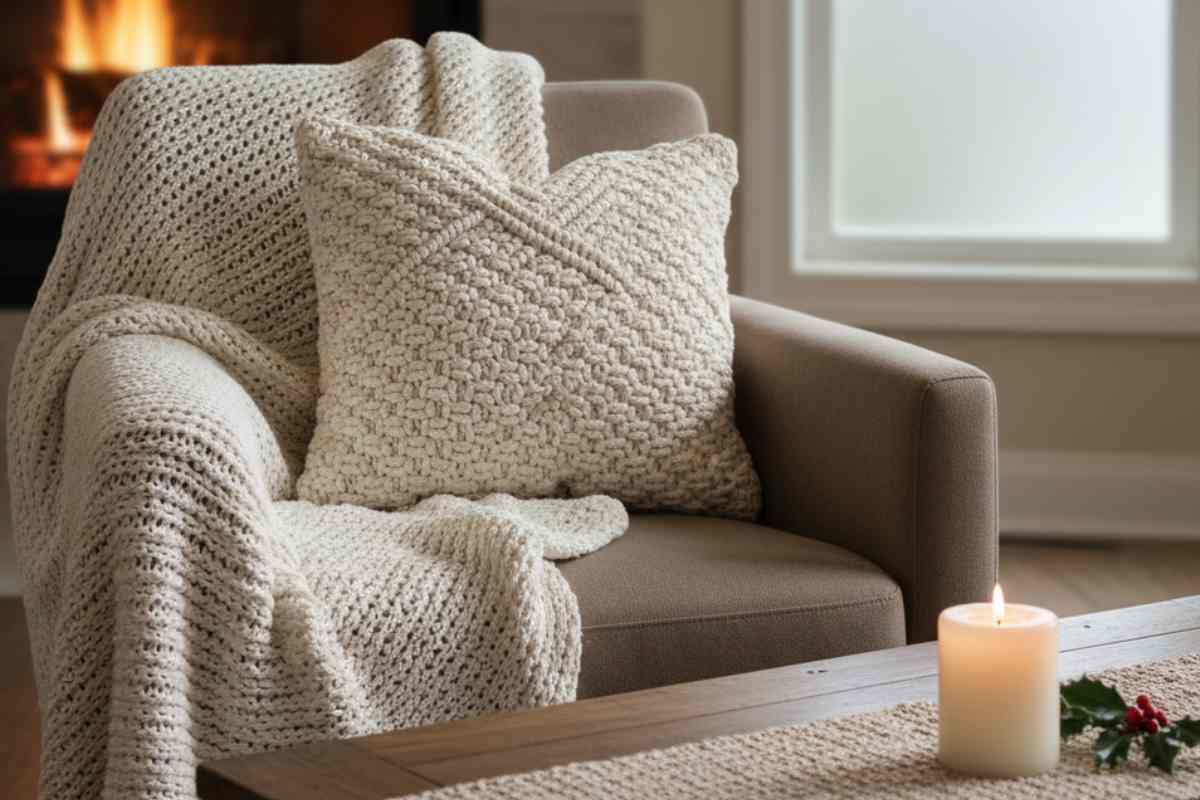 poltrona rivestita con tessuti morbidi e bianco panna in un contesto natalizio