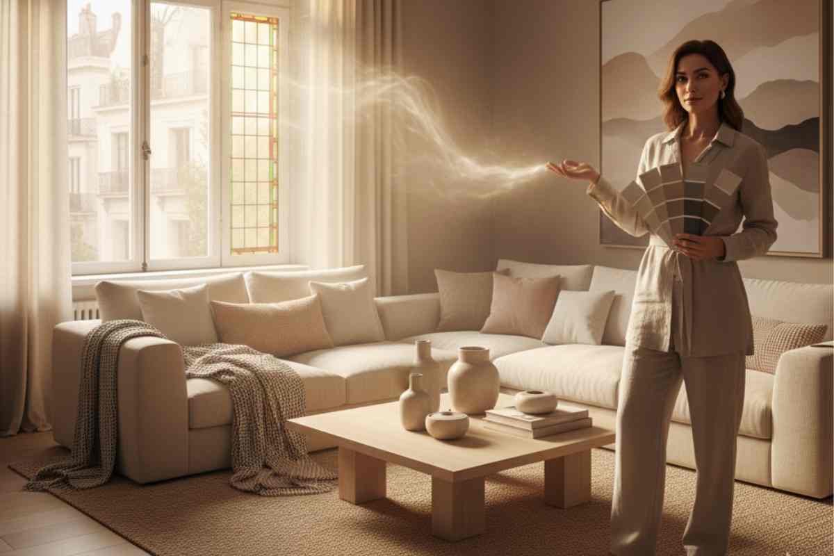salotto completamente di toni neutri con una persona in piedi che mantiene una mazzetta colori