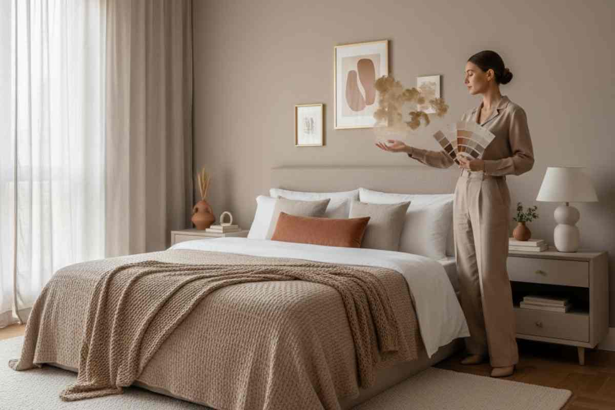 camera da letto sui toni neutri con una persona in piedi che ha in mano una mazzetta colori