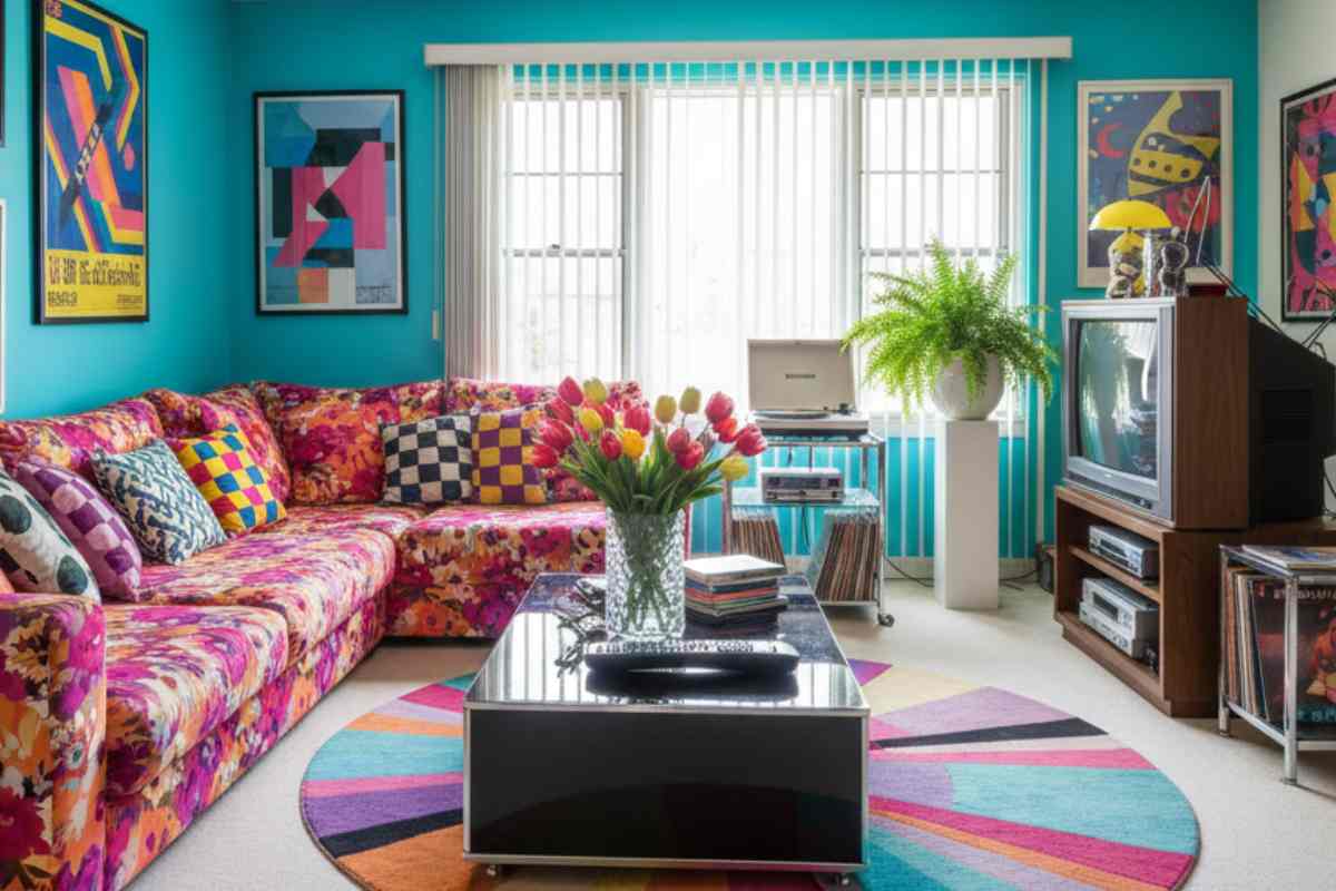 esempio di casa anni 80 con un salotto molto colorato, con divano fiorato e cuscini a righe e pareti verdi