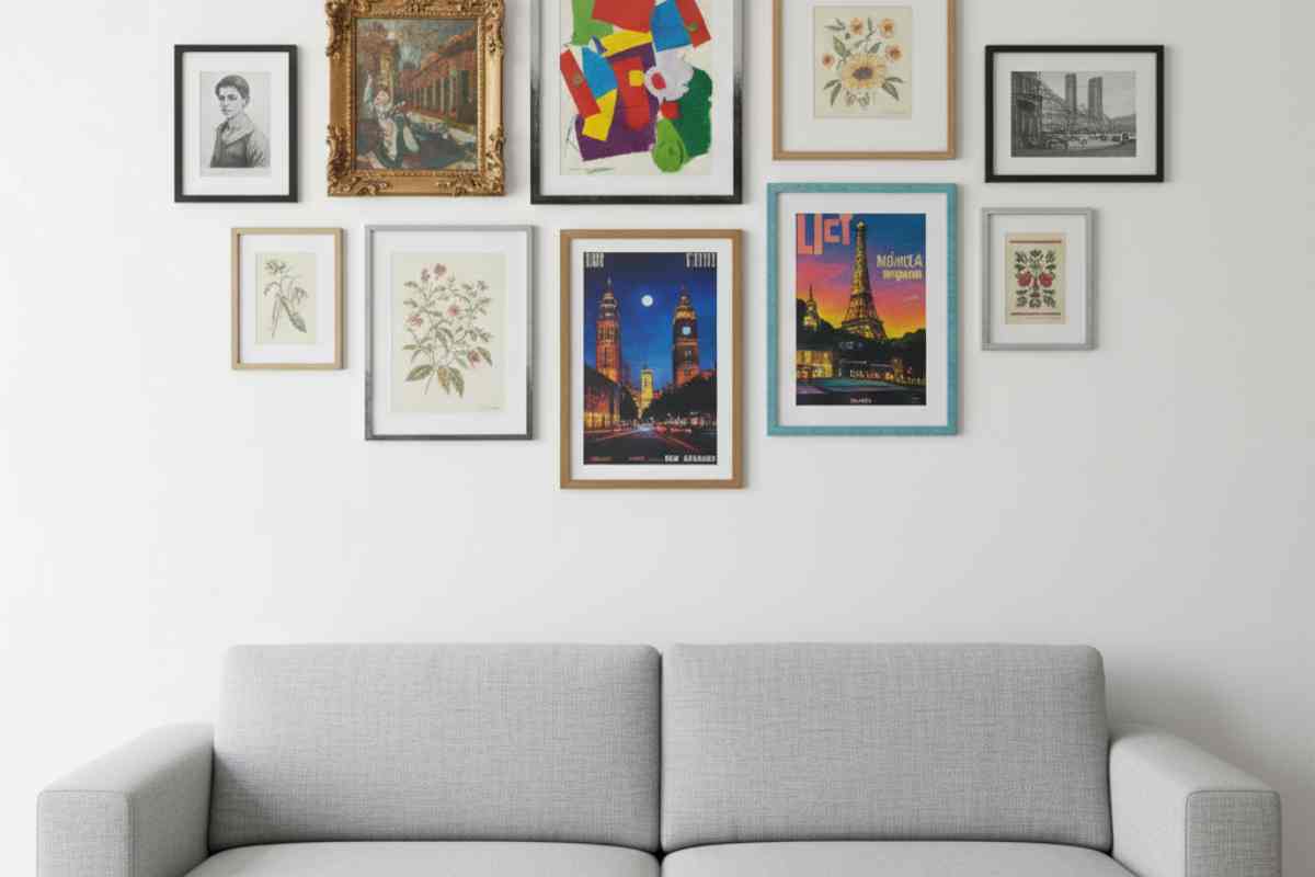 cornici con quadri sopra un divano tutti di colori diversi