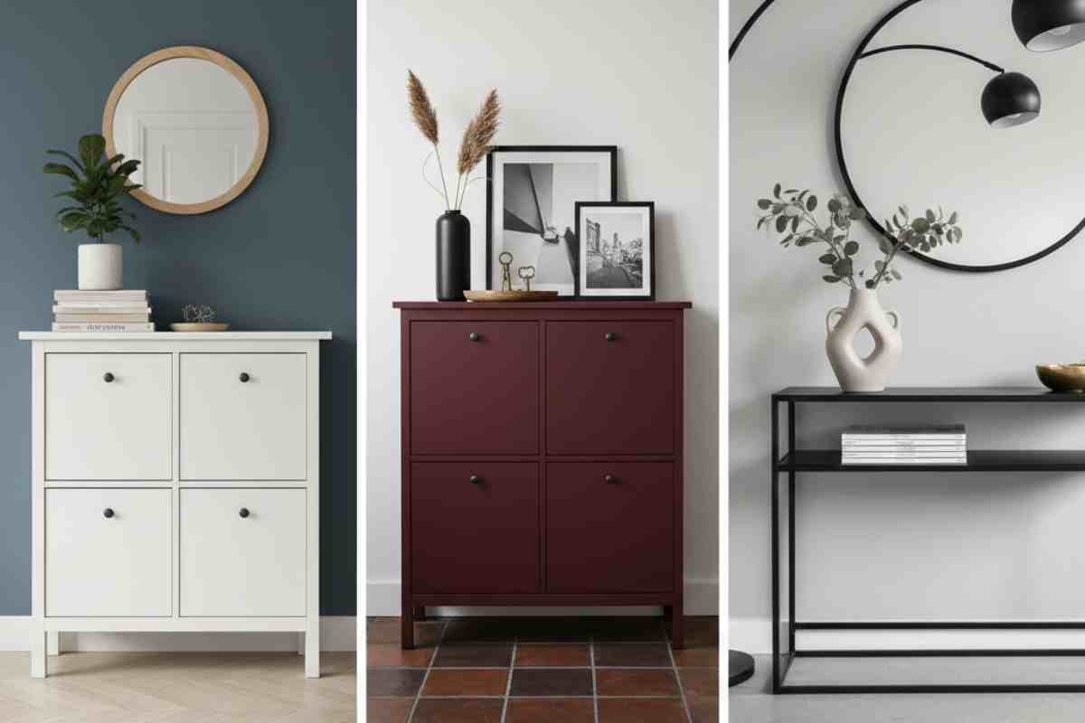 tre esempi di mobili : uno bianco, uno rossiccio e l'altro metallico per l'ingresso di casa