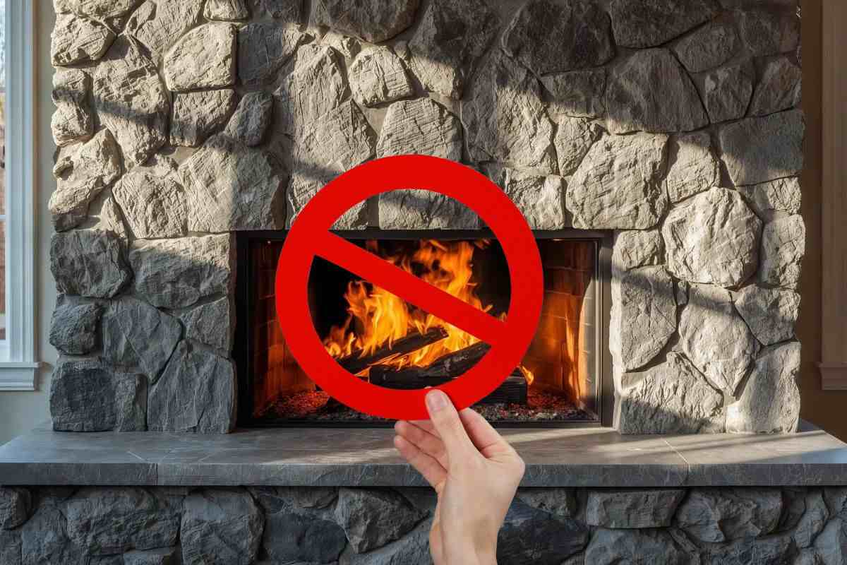 mano che mantiene un divieto sistemato proprio sopra un camino acceso