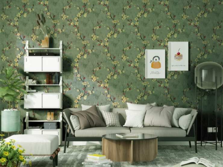 soggiorno moderno con parete verde a fiori