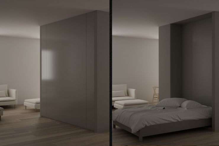 Dal lato sinistro un letto ad armadio che è chiuso e sulla destra un letto ad armadio aperto