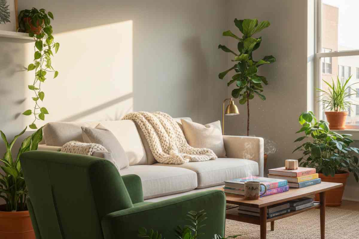 salotto con nuovi colori neutri alle pareti e tante piante