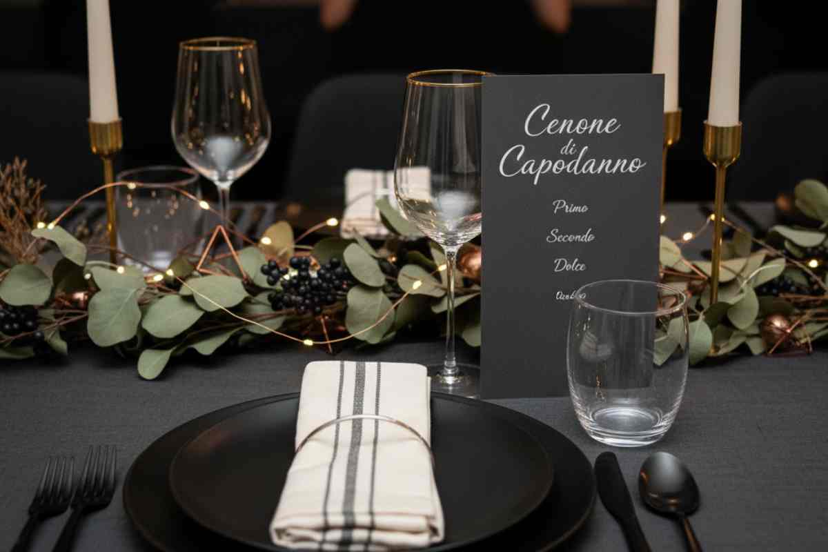 tavola elegante apparecchiata di nero, vetro e oro per capodanno