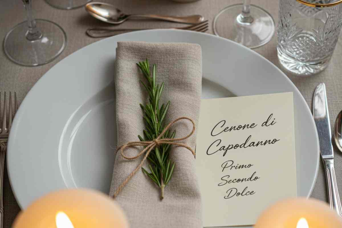 piatto bianco con tovagliolo con rametto di rosmarino e menù di Capodanno